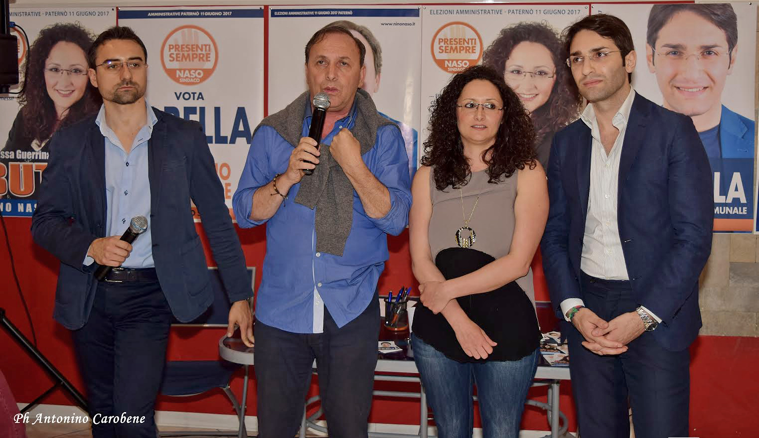Da sinistra: avv. Andrea Carmanello, il candidato sindaco Nino Naso e i due candidati al Consiglio Comunale Guerrina Buttò e Andrea Di Bella.
