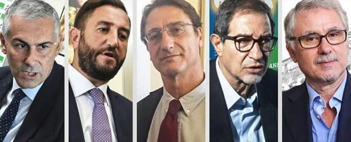 I cinque candidati governatore in Sicilia. Da sinistra: Fabrizio Micari, Giancarlo Cancelleri, Claudio Fava, Nello Musumeci e Roberto La Rosa.